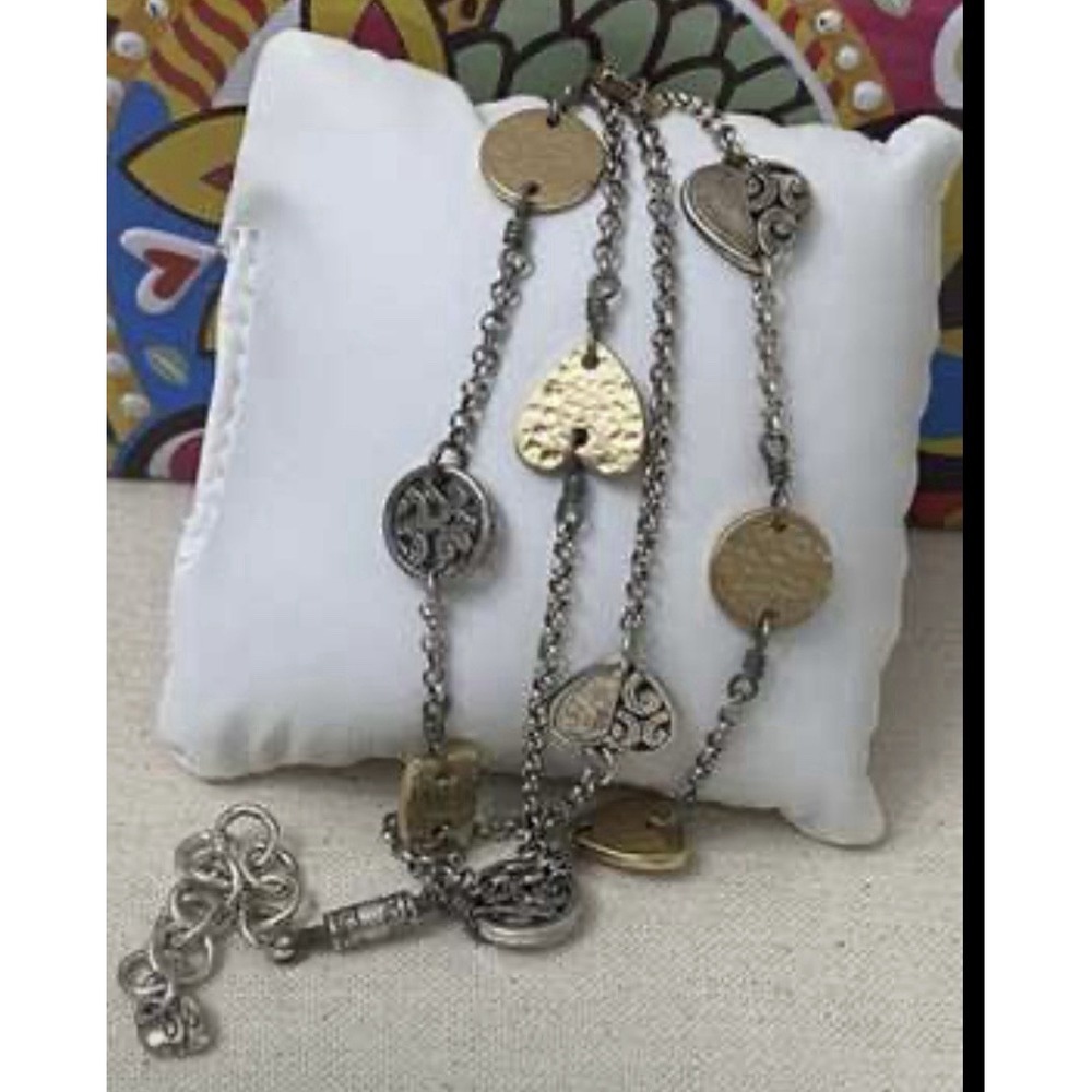 Vintage Brighton 3 Strand Two-Tone Gold & Silver Heart Link Bracelet Adjustable